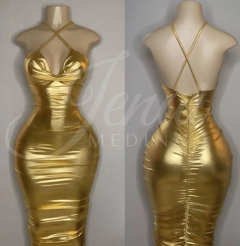 Luxury Gold Mini Evening Cocktail Dress for Women 2024 Sexy Back Bodyice Black Girl Birthday Party Gown