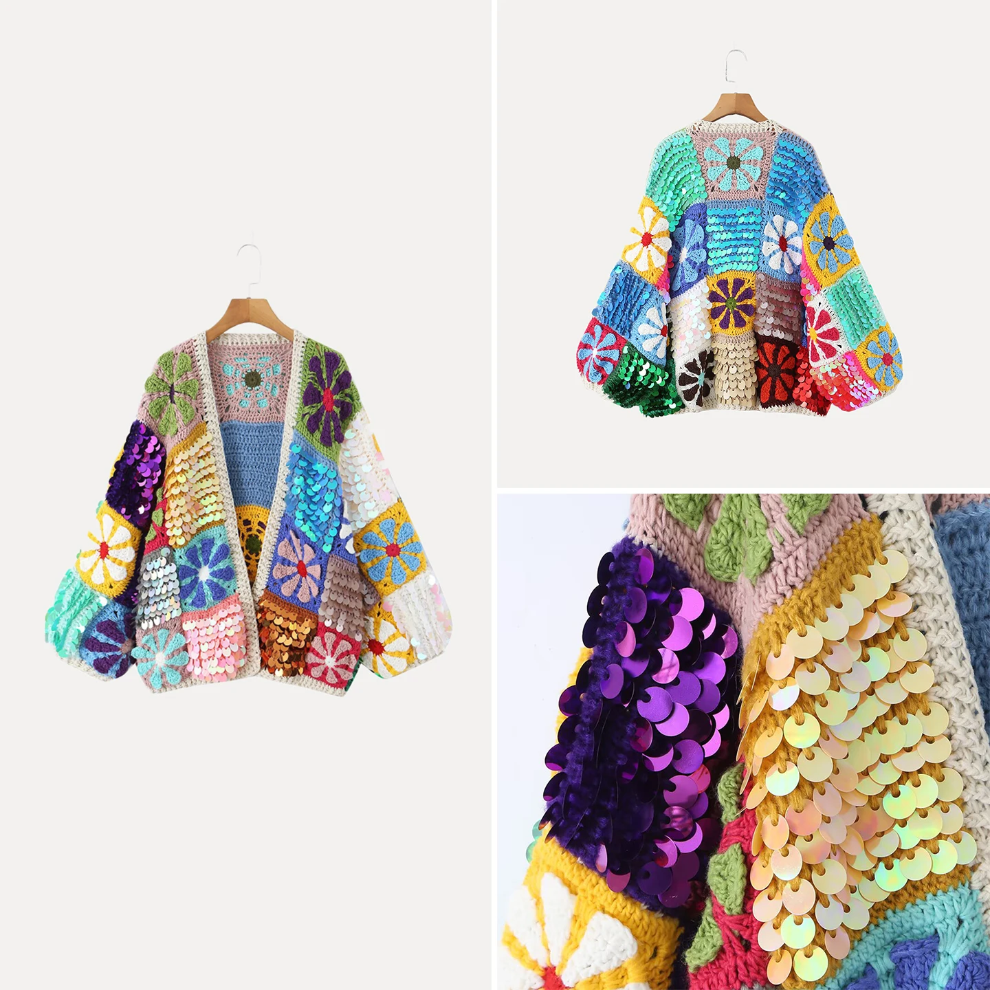 Hand Knitted Loose Sweater Women's Summer 2026 Glitter Heavy Embroidery Color Block Style Bohemian Fashion ZADATA Brand