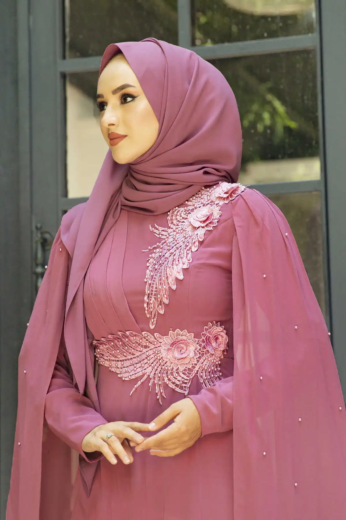 Cape Detaylı Hijab Evening Dress Pink