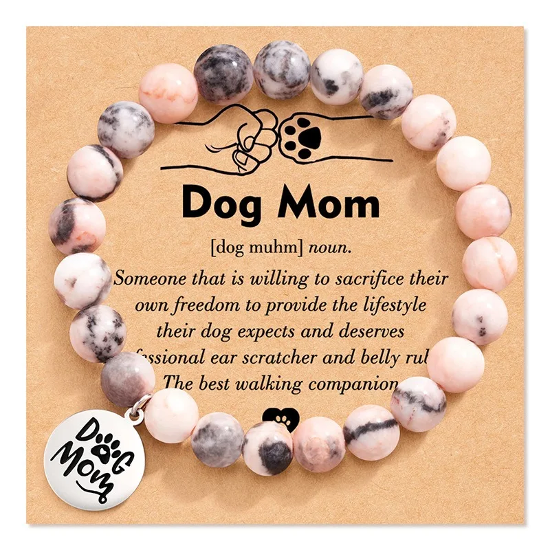 Hot Selling Fashion Mother's Day Gift Stainless Steel Pendant Engraved Dog Mom Natural Stone Bracelet