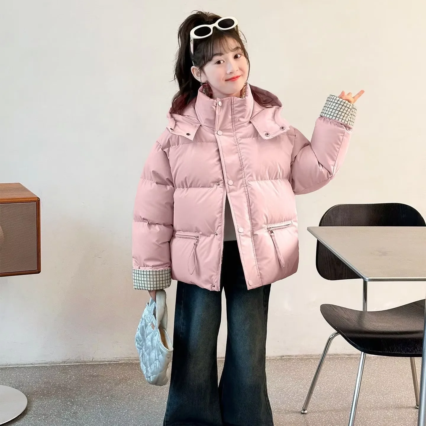 Girls Winter Down Jacket 2026 New Color Block Fleece Lined Cotton Coat Big Kids Waterproof Padded Outerwear 5 7 9 11 13 15Y