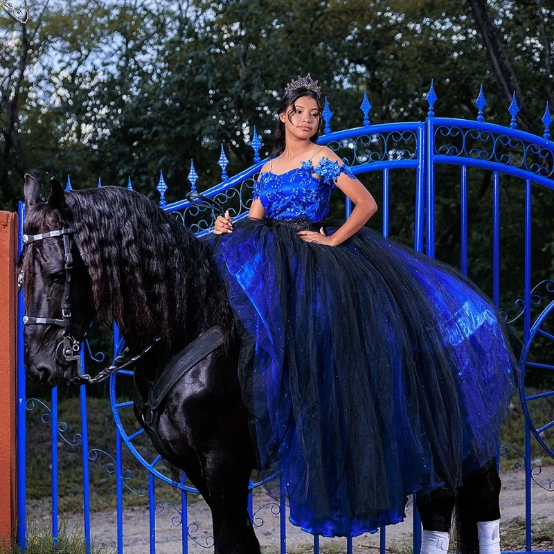 Shiny royal blue Quinceanera Dress Lace crystal glitter flower decal Long tail vestidos de 15 Quinceanera ﻿Customized