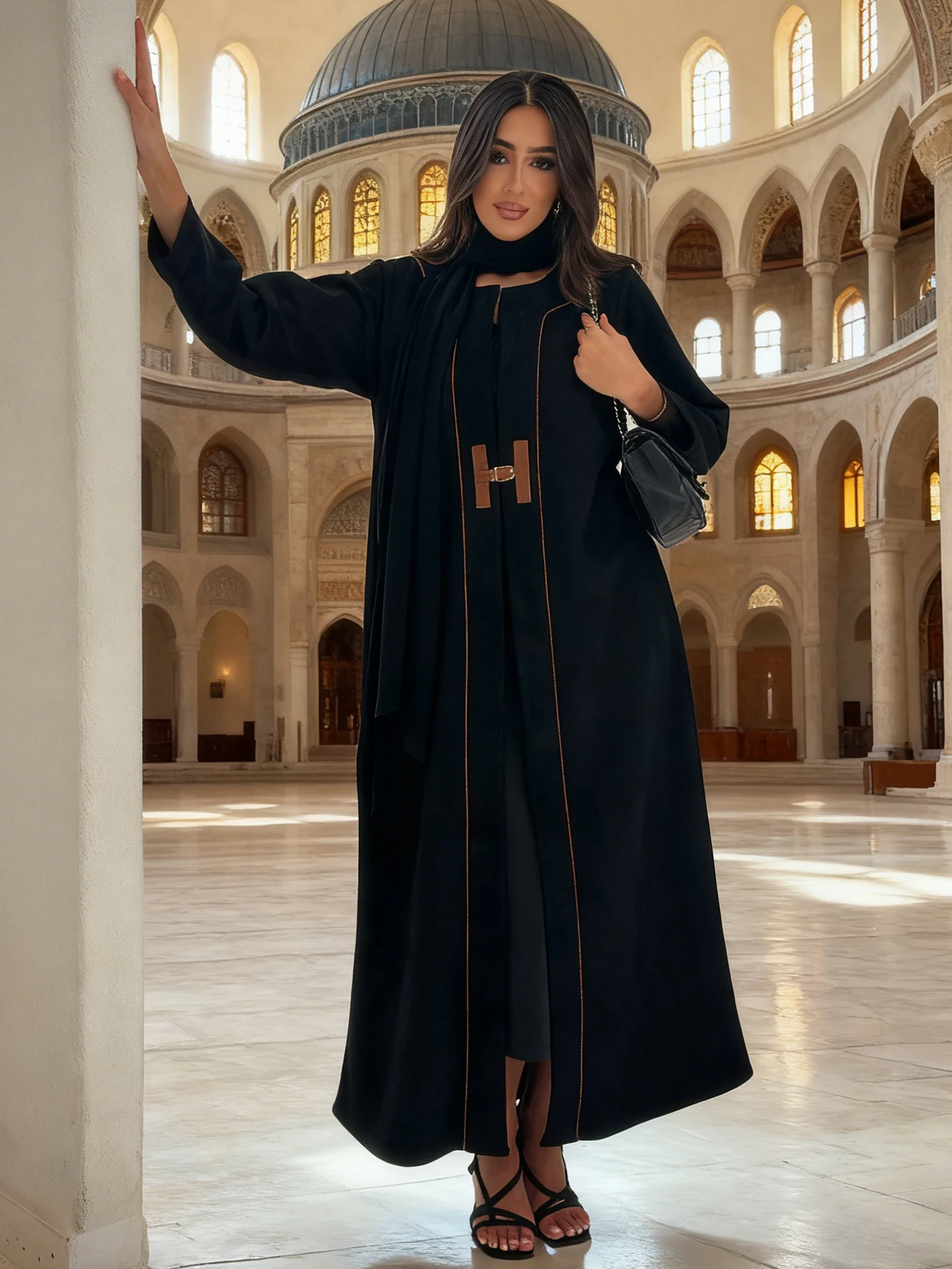 One Piece Dubai Elegant Black Open Abaya for Muslim Women -2026 Fashion Leather Belted Long abaya Islamic Modest Fashion