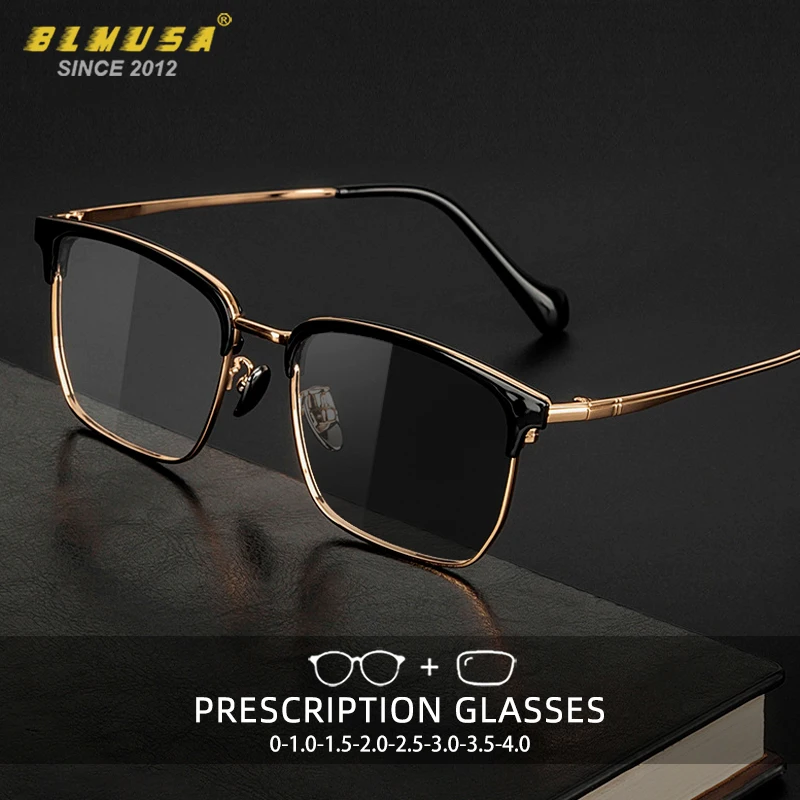 

BLMUSA Men Vintage Reading Glasses Ultralight Titanium Anti Blue Light Myopia Glasses Photochromic Prescription Optical Glasses