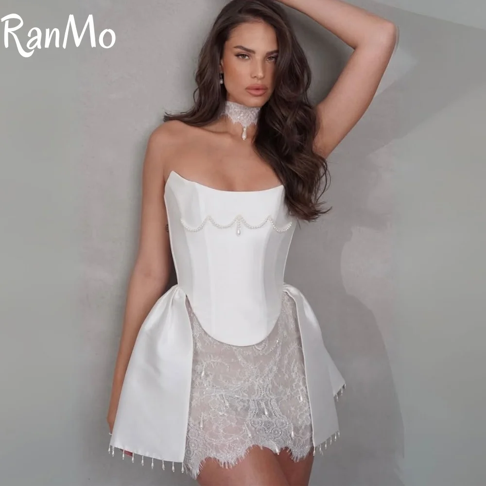 Ranmo 2025 Mini Graduation Gown For wedding Guest Woman White Lace Dresses Luxury Bandage Dress Exquisite High Quality Pearl