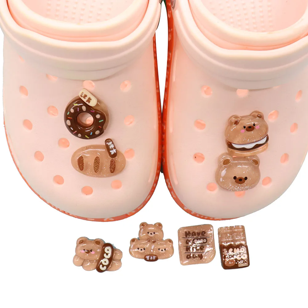 8Pcs Hamburger Bread Bear Resin Have a Nice Day Shoes Charms Lovely Slipper Buckle Decorations Fit Kids Wristband