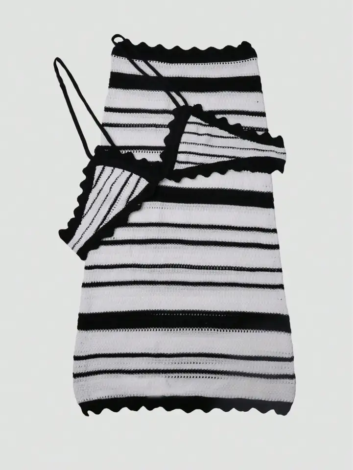 2 Piece Sexy Boho Striped Backless Bralette Skirt Set