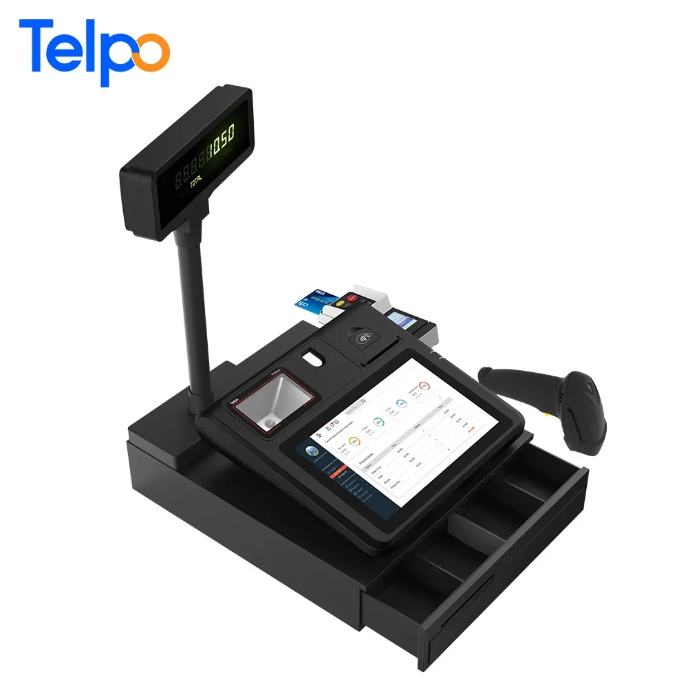 Telpo TPS520 10-inch android desktop tablet POS cheap cash register set with NFC card reader/printer/barcode scanner