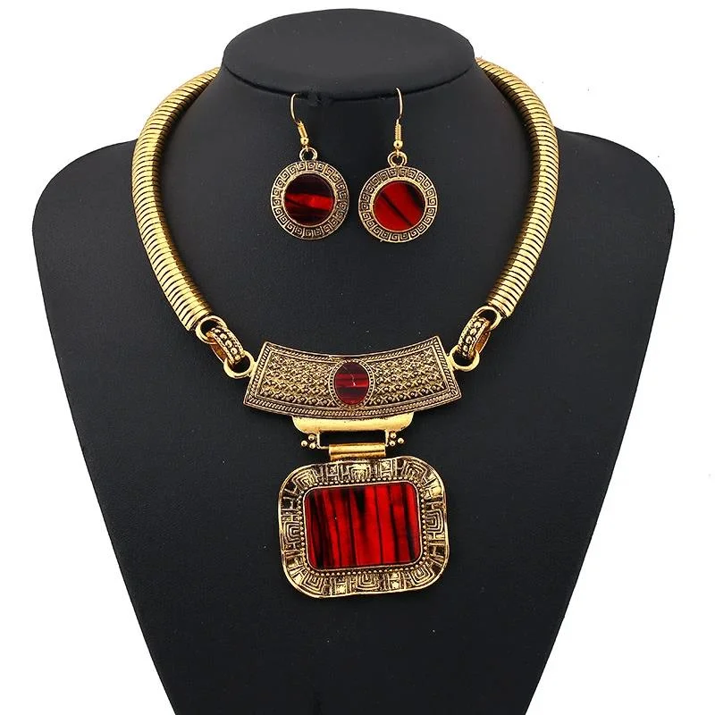 Bohemia Ethnic Vintage Alloy Acrylic Sheet Statement Choker Necklace And Earrings Jewelry Set For Women Party Accessories