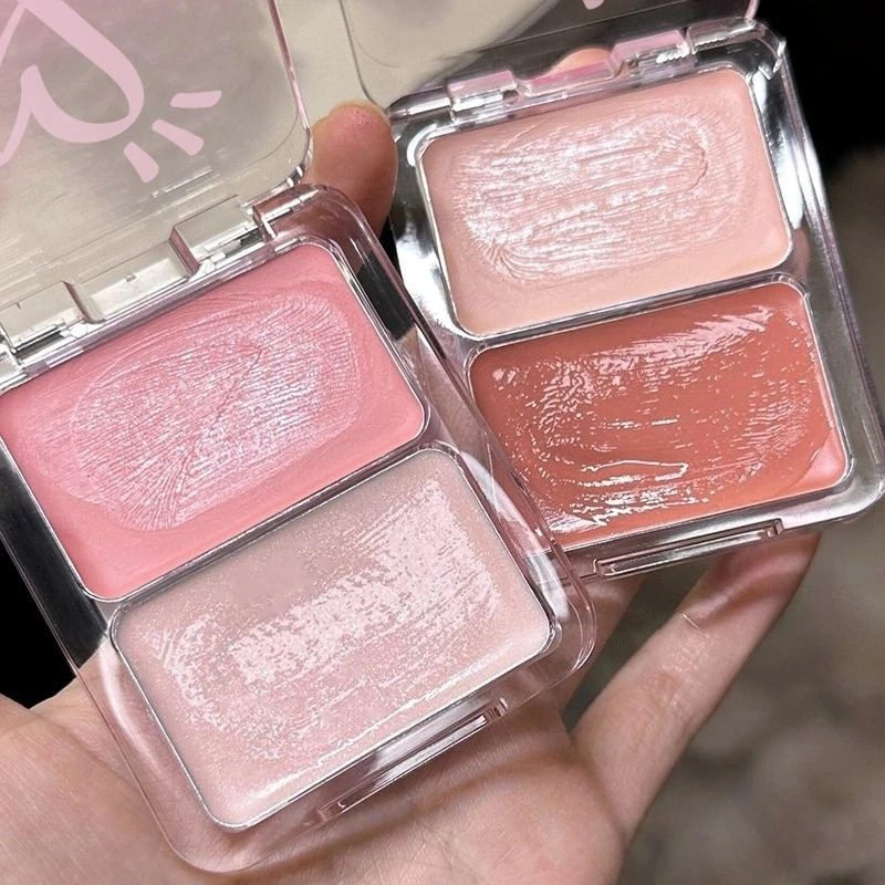 Dual Tone Blush And Highlighter Palette Creamy Formula For Dewy Glass Skin All In One Makeup Kit Easy To Blend Quick Makeup