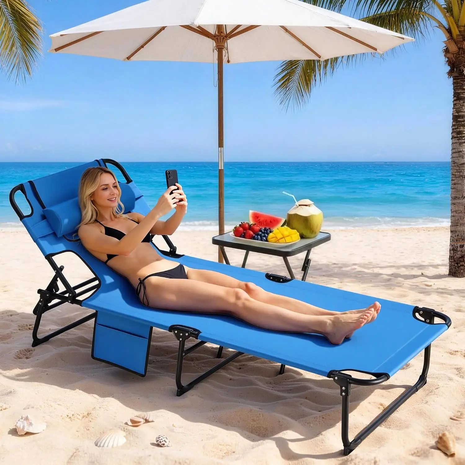 ^3-in-1 Sun Tanning Chair with Face Holes, Folding Chaise Lounge Chairs, 5-Position Adjustable Lounge Chair Outdoor with 2 Side