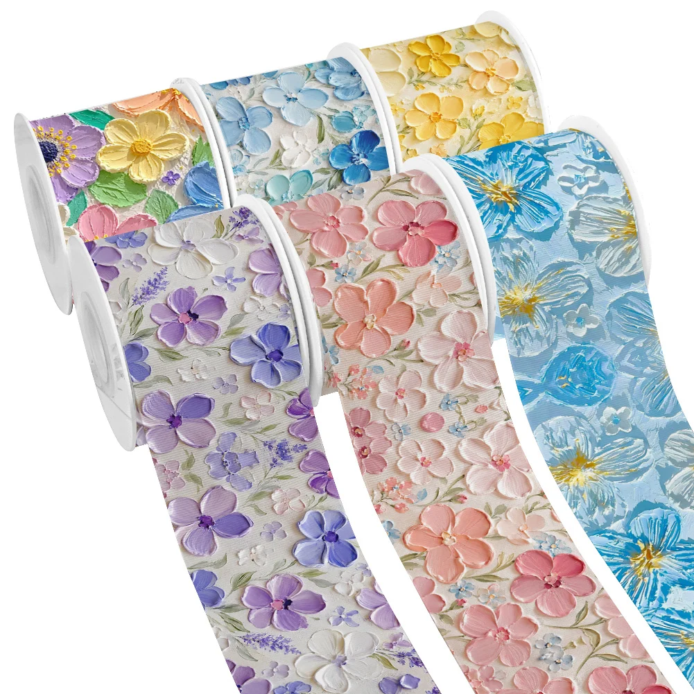 Cute Pattern Oil Painting Flowers Printed Grosgrain Ribbon for Cheer Bows DIY Girl Headwear Hair Bows Satin Ribbon