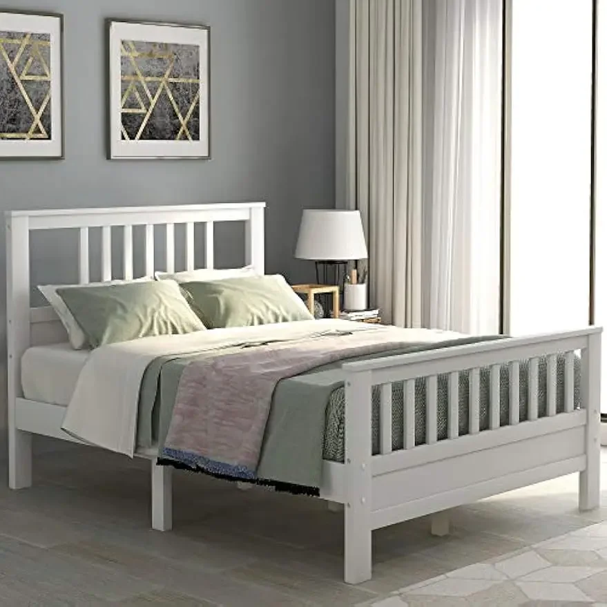 Solid Wood Platform Bed Frame with Headboard and Footboard/No Box Spring Needed/Easy Assembly for Kids White