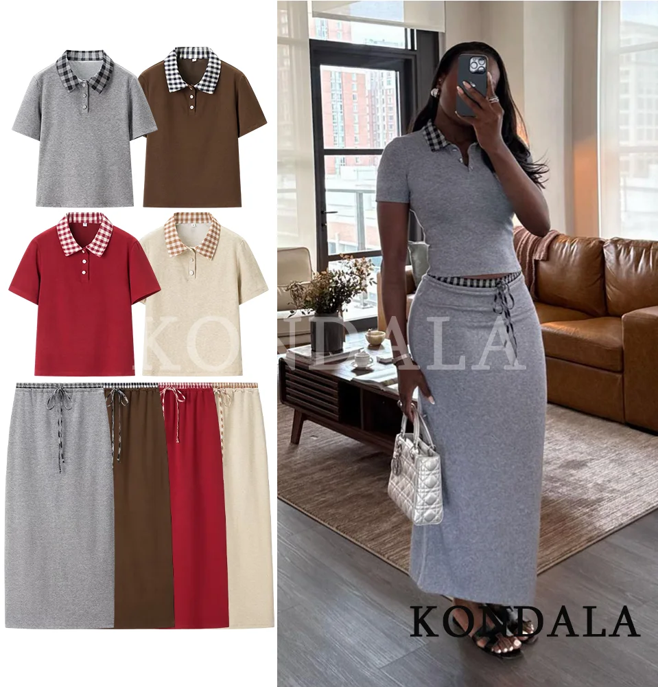 KONDALA Lässiger Pendelrock für Damen, schmales Oberteil mit Polokragen, Kordelzug-Midirock, 2026, Frühlings- und Sommermode, eleganter Damenanzug