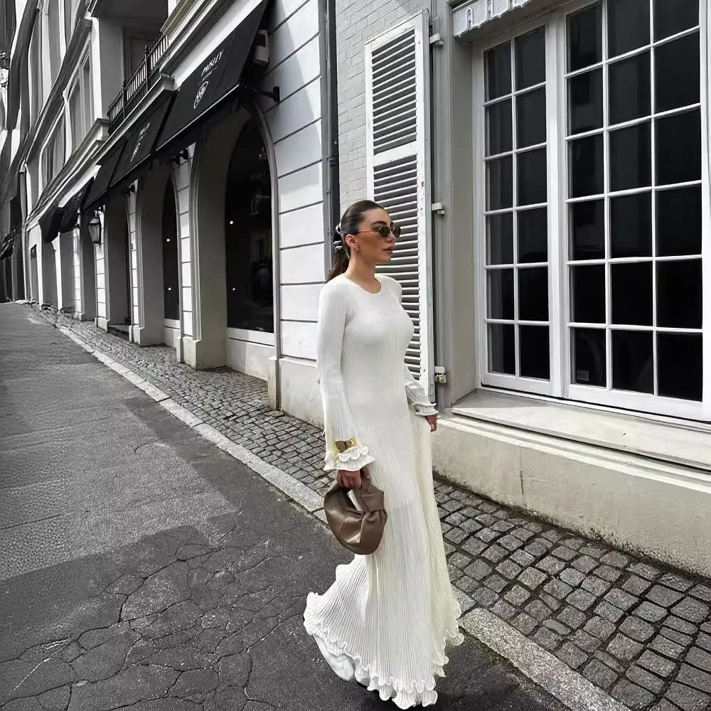 Elegant White Knitted Wedding Guest Dress Woman Ruffle Flare Long Sleeve Backless Lace Up Lacework Fishtail Vacation Sundress