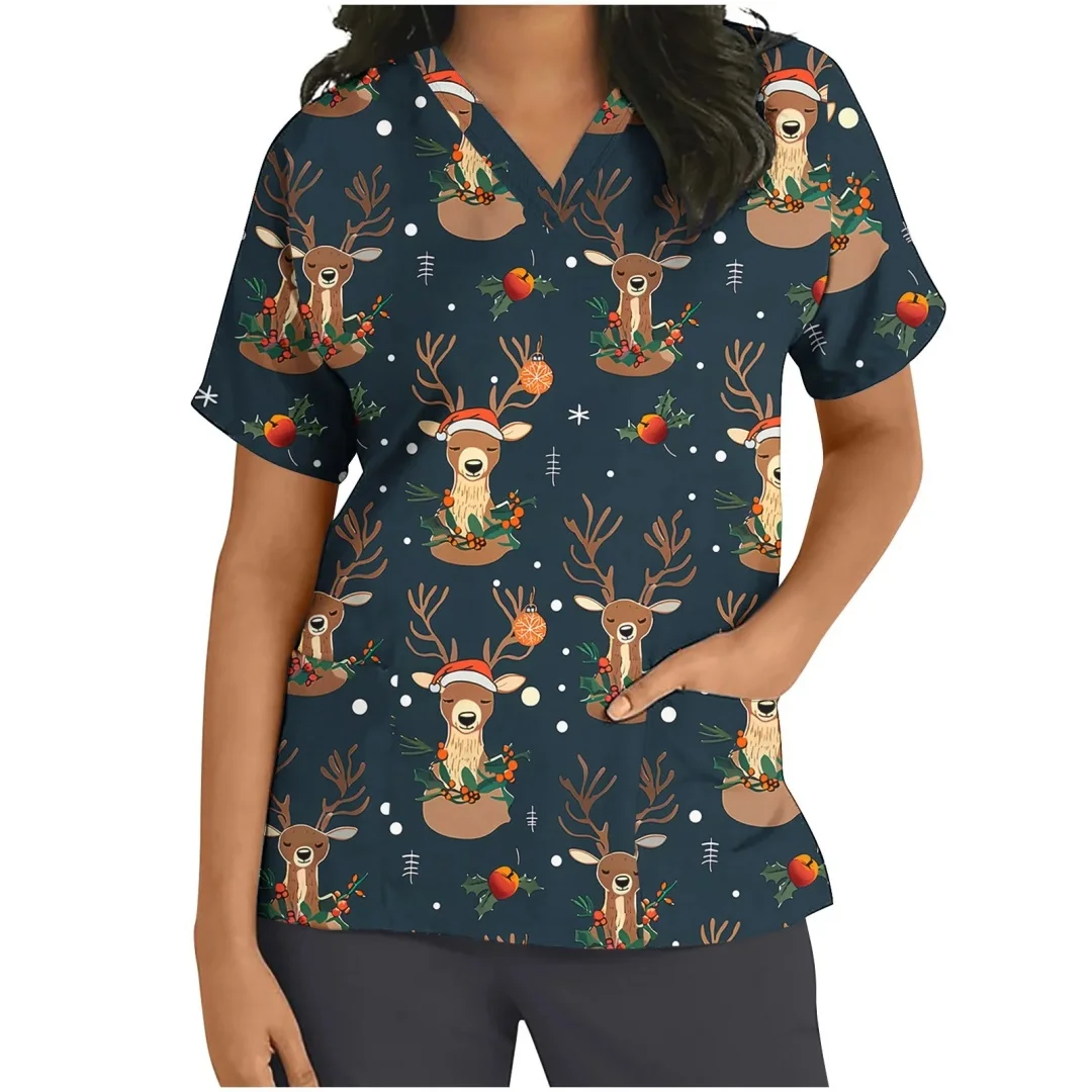 Uniforme hygiénique imprimé bonhomme de neige pour femmes, col en v, manches courtes, poches, matériau Micro élastique, uniformes cliniques, vêtements pour femmes