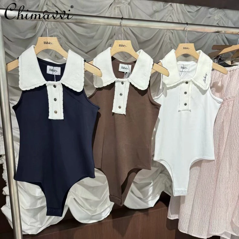 Japanese Turndown Collar Casual Jumpsuit 2025 Summer New Women's Slim-Fit Sleeveless Bottoming Top Women's Fashion Rompers