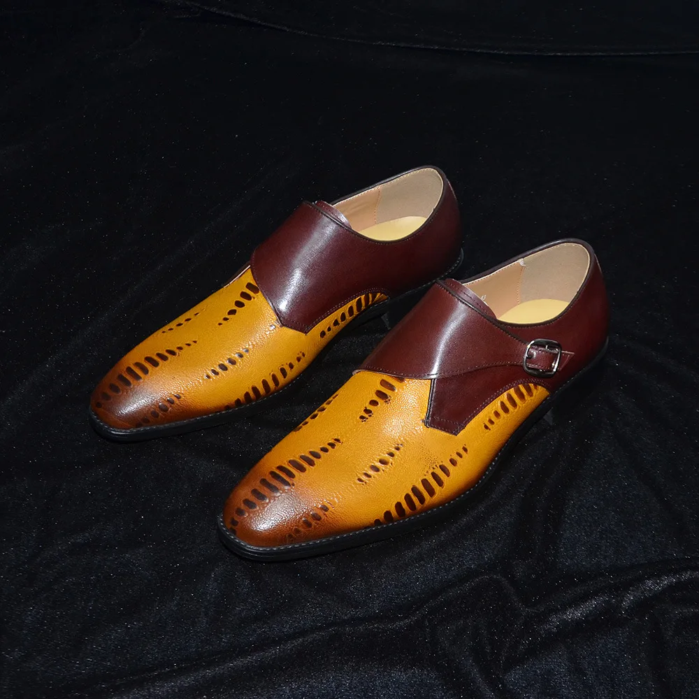 

Breathable Genuine leather Belt Buckle Loafers for Men Pointed Toe Chunky Heel Slip-on Derby Shoes Male Business Dress Shoes