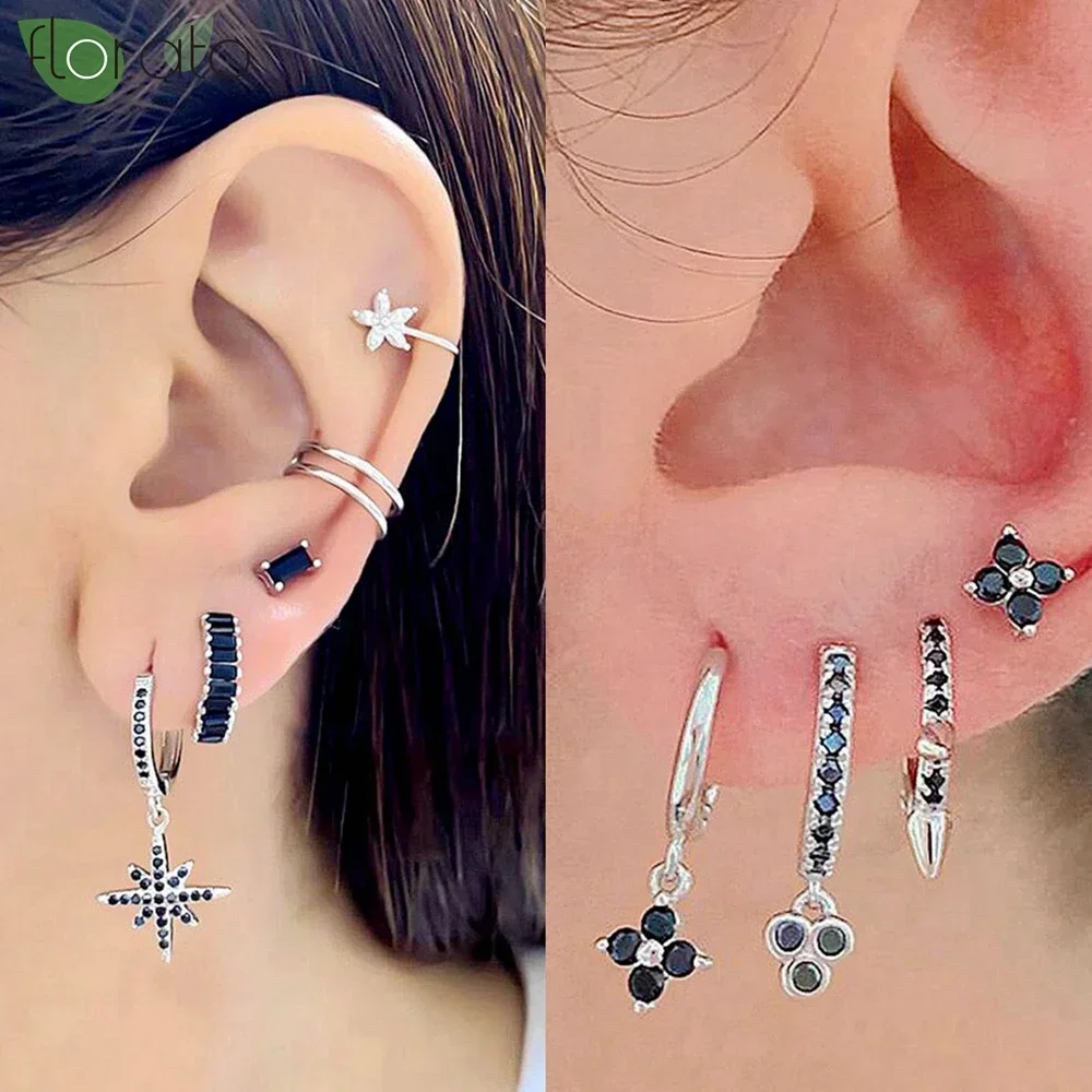 925 Sterling Silver Needle Fashion Black Zircon Pendant Earrings New Round/Cross Small Hoop Earrings for Women Piercing Jewelry