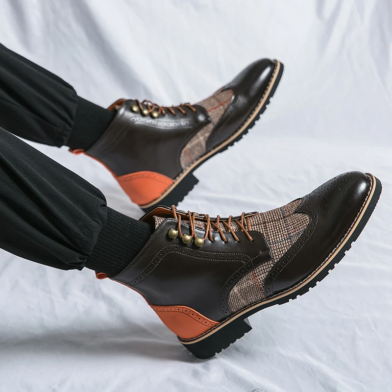 New Block Men Short Boots Gingham Lace-up Square Toe Ankle Strap Handmade Men Ankle Boots Botas De Hombre