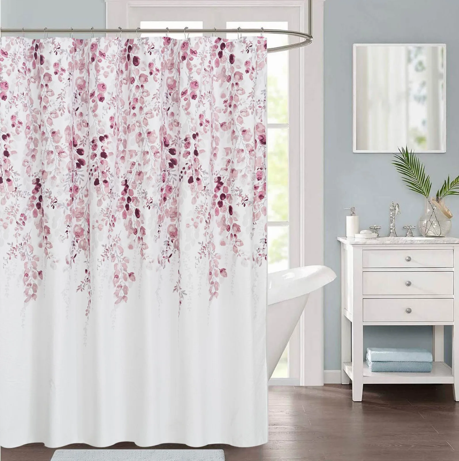 Elegant Pink Floral Print Shower Curtain Polyester Waterproof Romantic Spring Blossom Bathroom Decor Curtain for Master Spa Bath