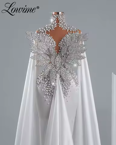 2026 White Prom Dress Luxury Sparkle Crystals Evening Gowns Customized Cape Sleeves Mermaid Celebrity Dresses Arabic Party Dress
