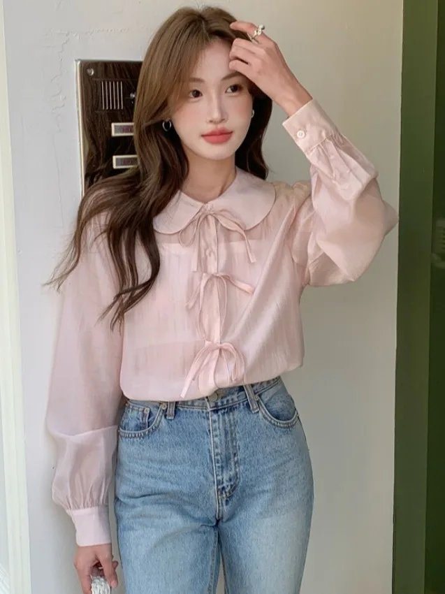 

Loose Women's irt Knot Strap Transparent Doll Collar Top Spring New Sle Gentle Age Reduction Versatile Long Sve