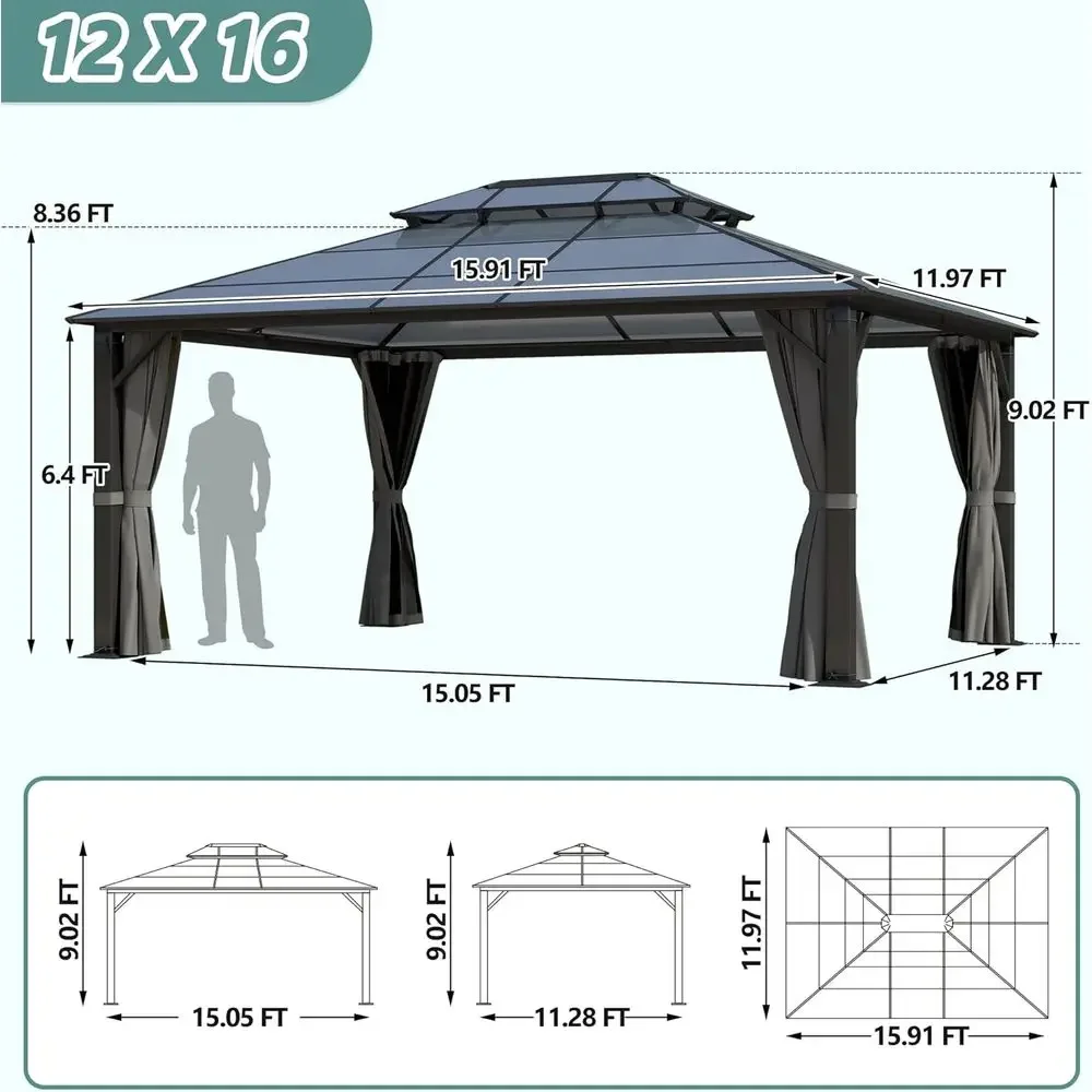 12'x16' Hardtop Gazebo, Patio Gazebo Polyte Double Roo Gazebos with Netting and Curtains, Heavy Duty Metal Pavilion or Patio, Ba view 2
