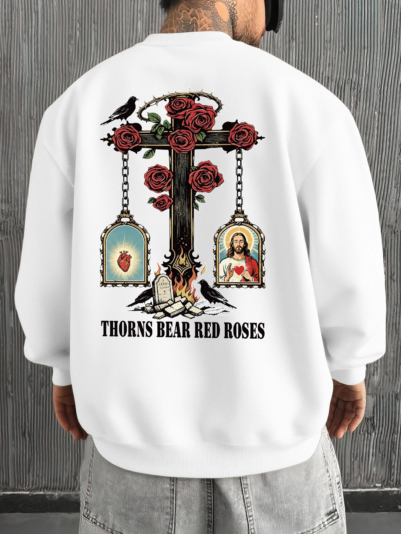 Men'S Double-Print Round Neck Sweatshirt, Retro Cross Rose Crow Religious Pattern Loose Long Sleeve Street Style Pullover Top