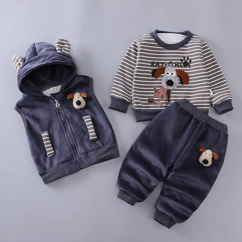 

Autumn Winter 3 Pieces Toddler Boys Outfit Set Cute Dog Hooded Vest Striped Sweatshirt With Pants For Kids Casual Tracksuits