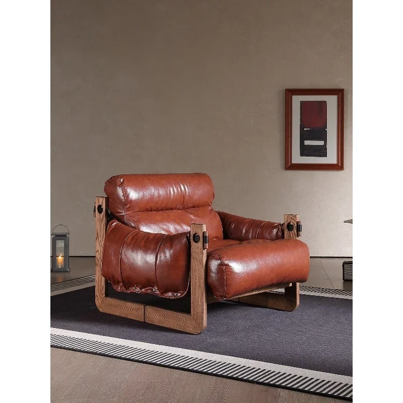 

Ash wood leather single recliner living room leisure chair medieval sofa chair