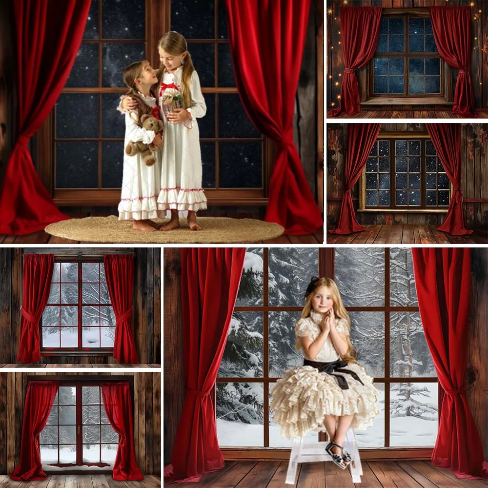 Mocsicka Christmas Backdrops for Photography Red Curtain Window Snow Scene Wooden Wall and Floor Children Photo Background Props