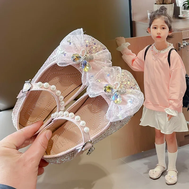 Girls Princess Shoes with Star Sequin 2024 New Kids Leather Shoes with Crystal Butterfly Girls Performance Dance Shoes Soft Sole