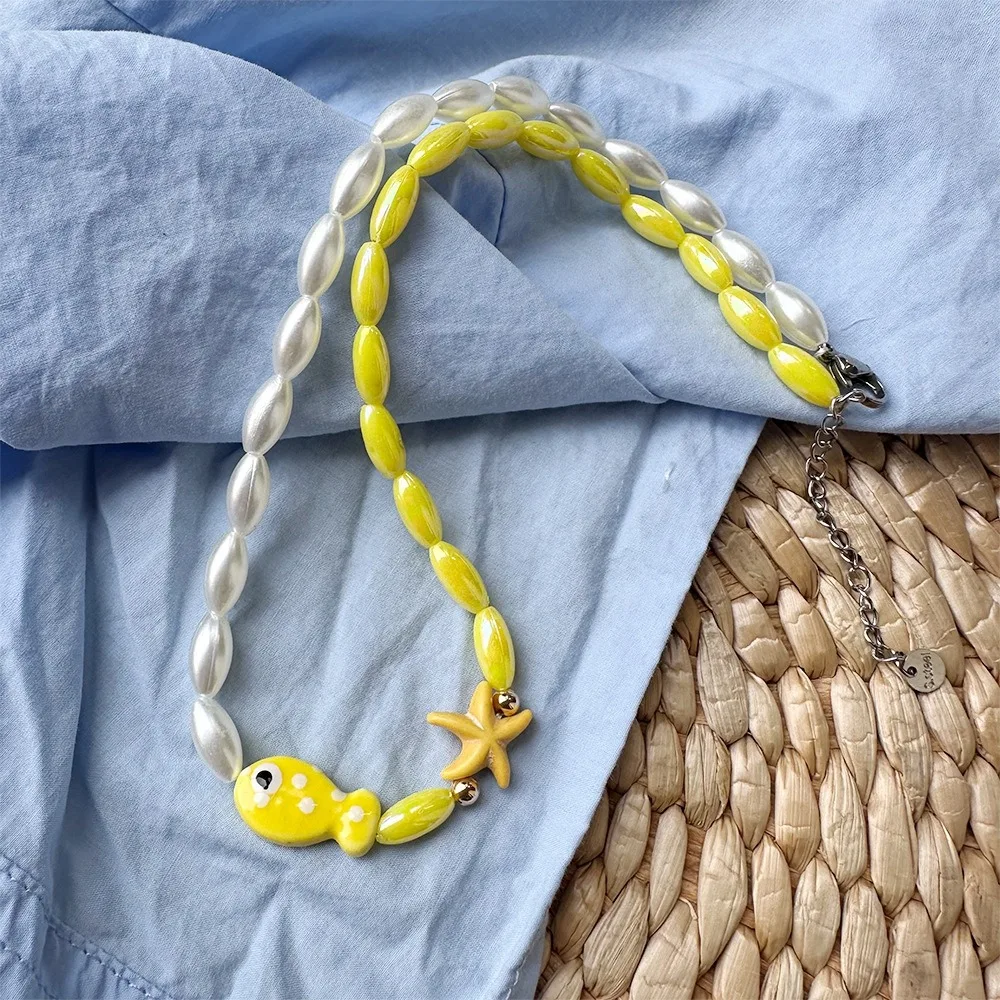 Fashion Bohemia Mini Fish Necklace Colorful Jewelry Beads Chain Choker Handmade Fish Pendant Necklace Summer