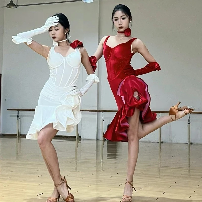 

2024 Latin Dance Competition Dress For Women Sexy Sling Fishbone Skirt Chacha Rumba Tango Adult Latin Dance Costumes DQS15401