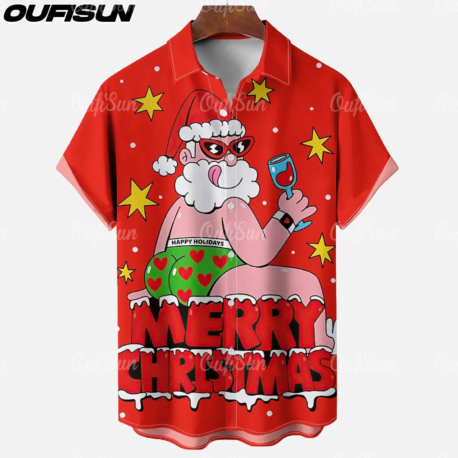 Christmas Men's Shirt Santa Claus Graphic Print Tee Summer Casual Short Sleeve Shirt Fashion Funny Shirts Men Oversized Clothing