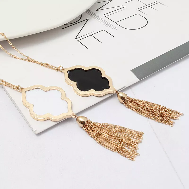 14K Gold Plated Metal Tassel and Abalone Shell Faux Leather Sweater Necklace Women Quatrefoil Flower Geometric Pendant Gifts