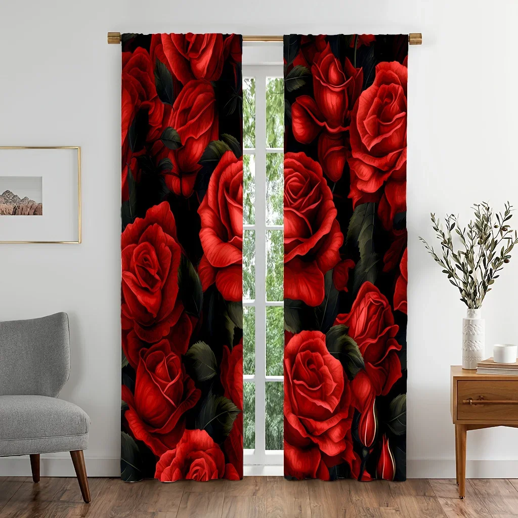 2pcs Red Rose Floral Door Curtains Lightweight Satin Polyester,Machine Washable,Elegant Drapes for Kitchen,Bedroom, Living Room