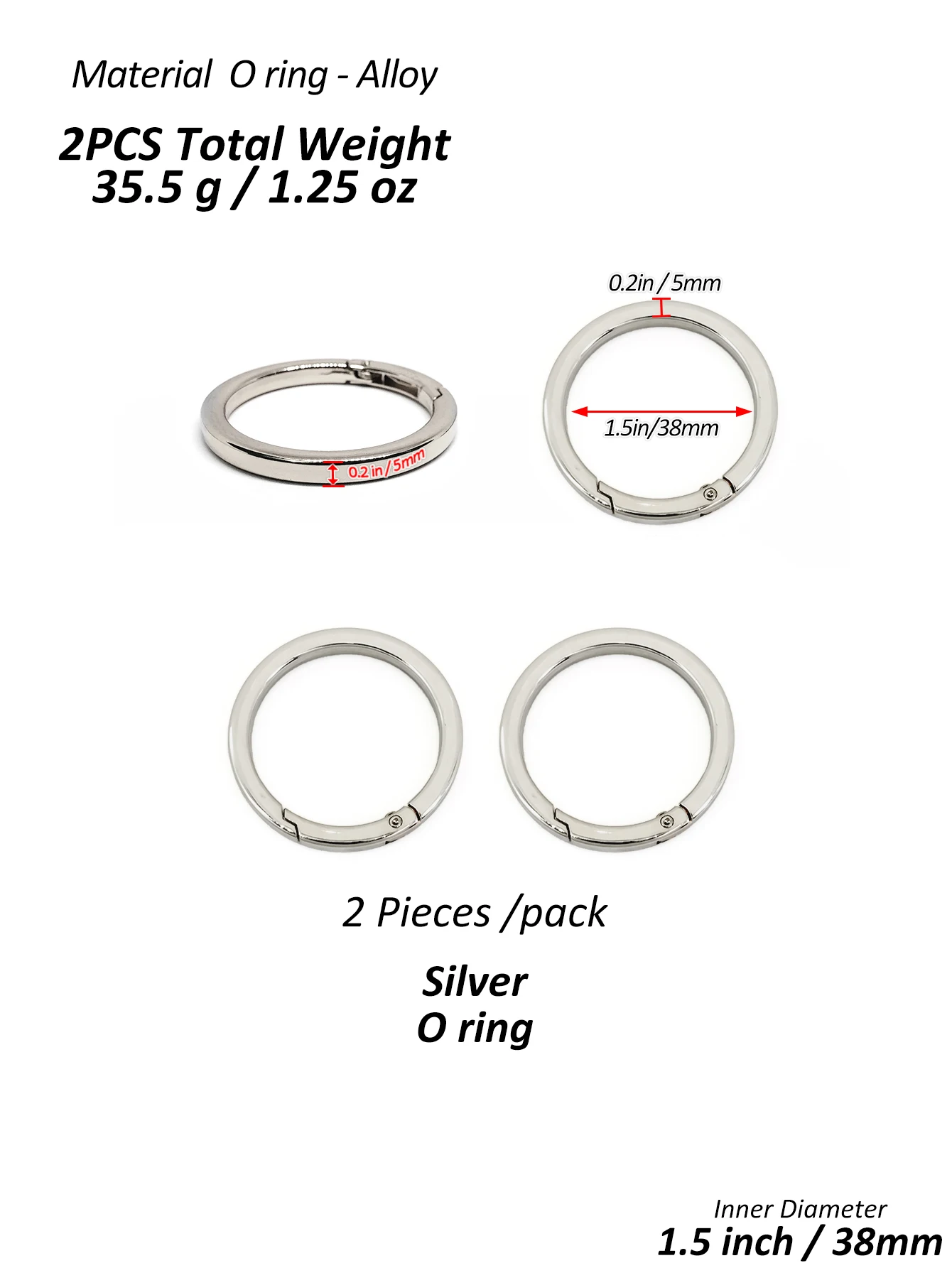 2 Stück dicker O-Ring für Geldbörsenriemen, Federringe, 1/1,25/1,5 Zoll Durchmesser, Handtaschen- und Schlüsselzubehörhalter, hellgold/silber – Detail 13