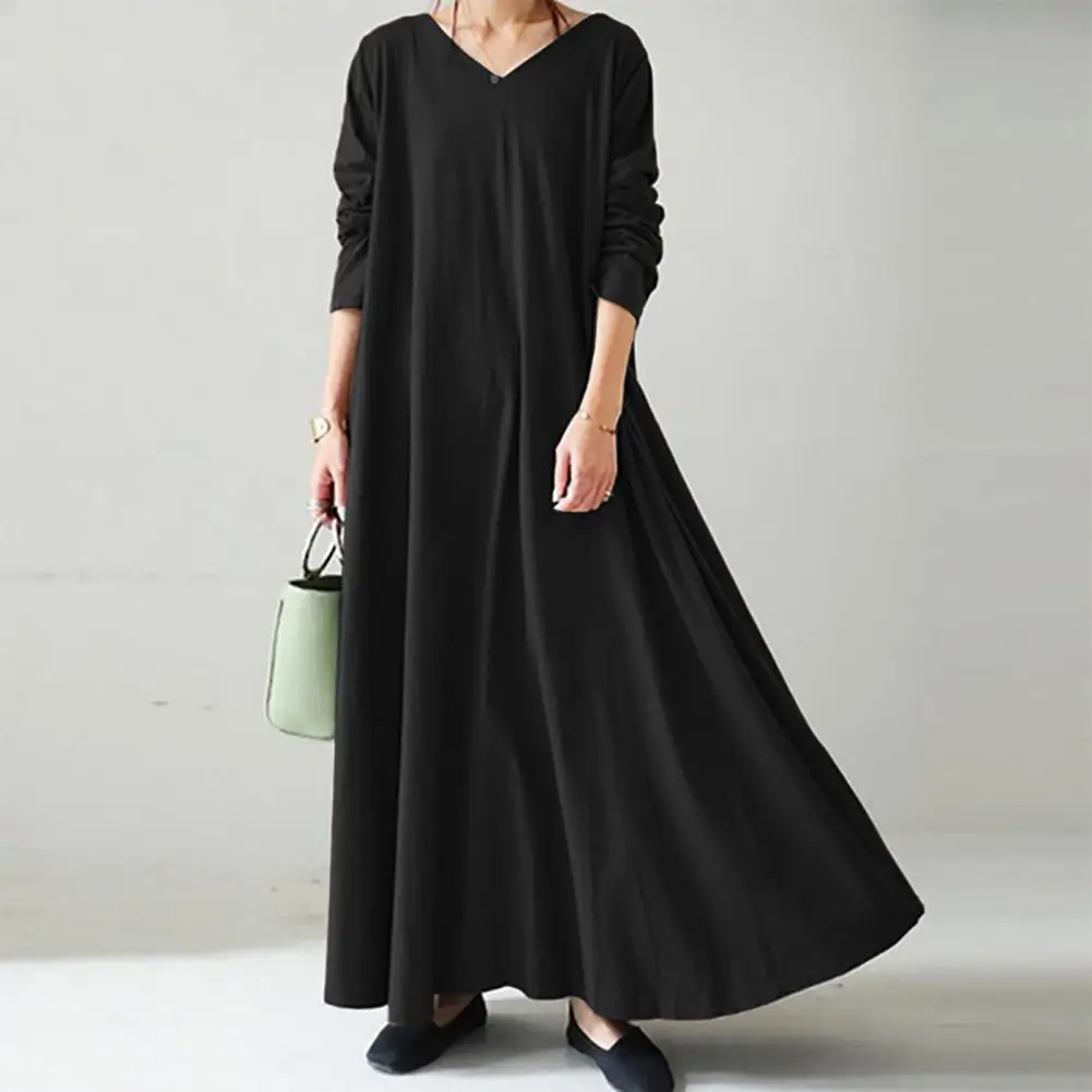 

Autumn Winter Women Long Dress Solid Color V Neck Long Sleeves Streetwear Loose Large Hem Female Maxi Dress For Daily Wear