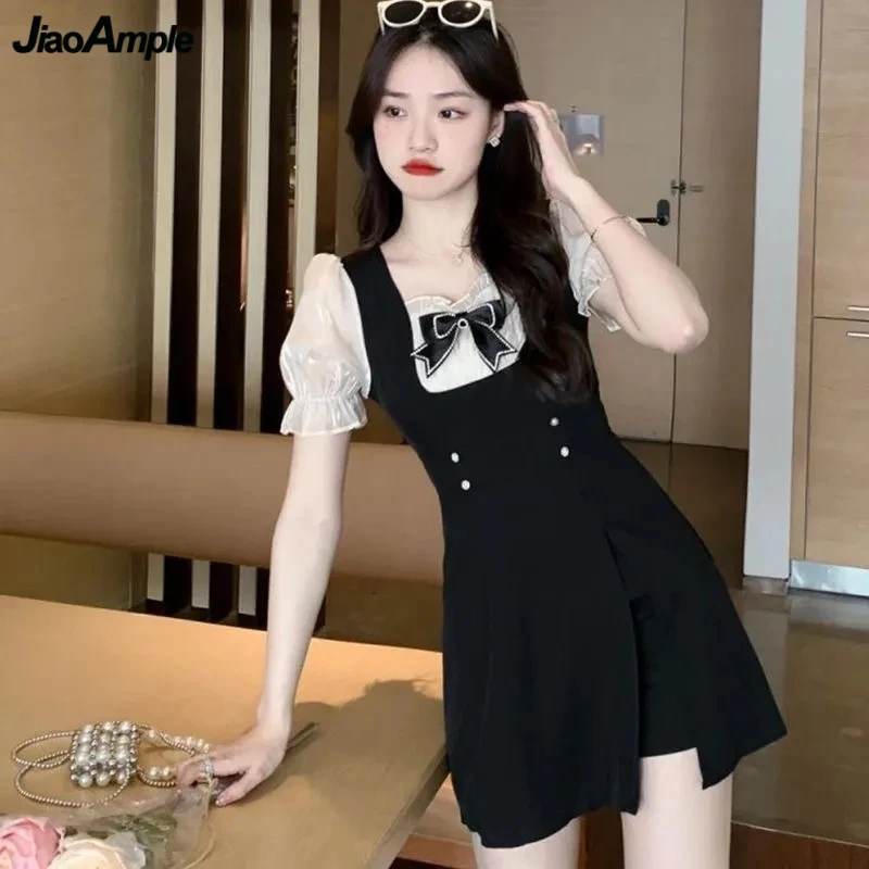 

Women Summer Slim Black Mini Dress Short Pants Two Piece Set 2024 New Korean Lady Graceful Bowknot Patchwork Dresses Outfits