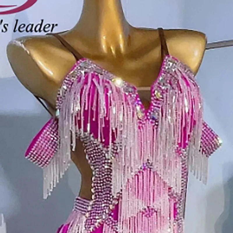 Latin Dance Costume Rhinestones Women's High-end Custom Crystal Tassel Suspender Neckline Samba Performance High Flash Dress