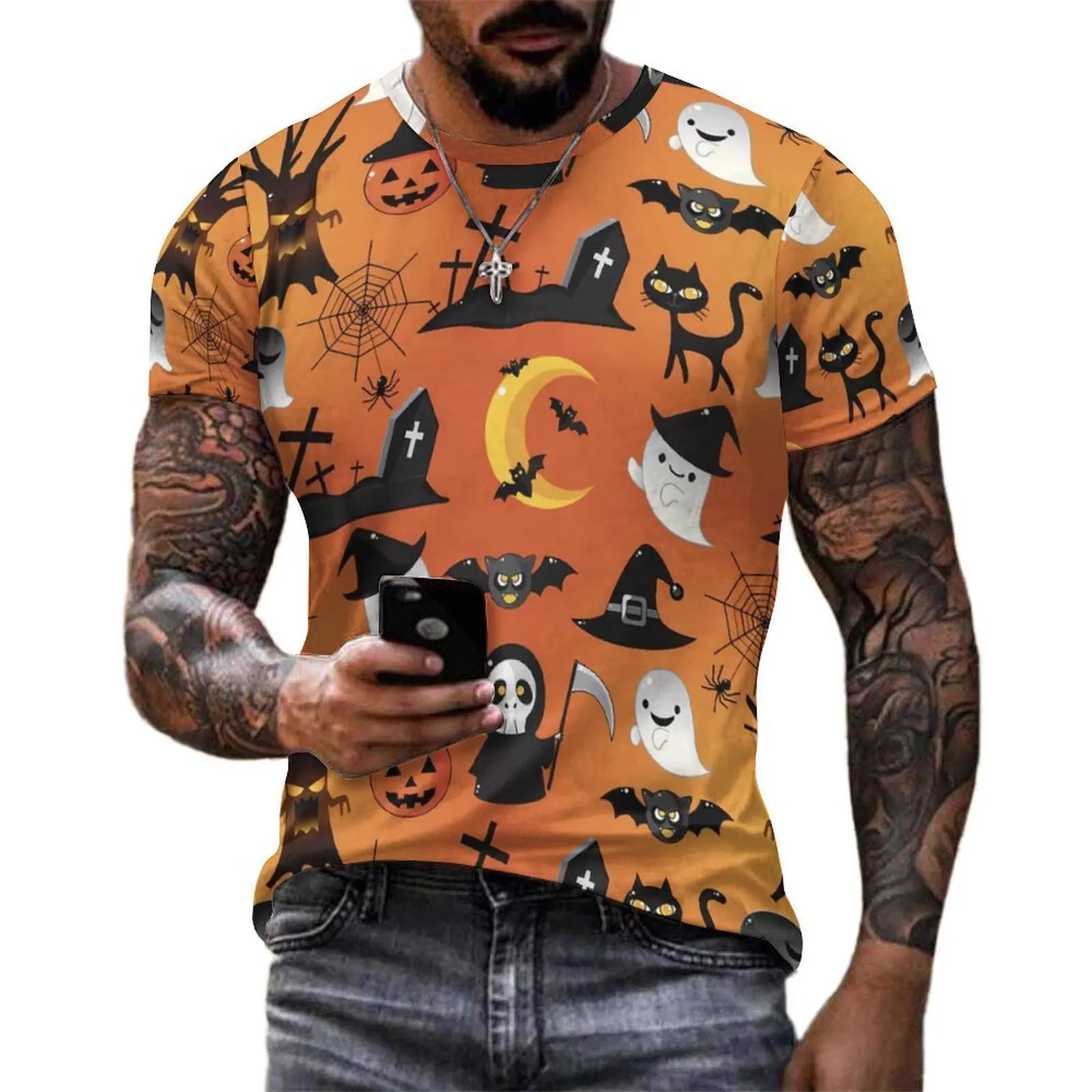 Happy Haunts T Shirt Cartoon Halloween Trendy T Shirts Men Streetwear Tshirt Summer Short-Sleeve Custom Tops Big Size