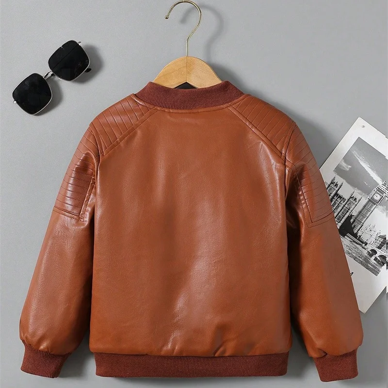 Kids PU Leather Jacket Boys Girls Plus Velvet Thick Warm Coat Autumn Winter Fashion Outerwear Children Casual Clothing 2-14Y