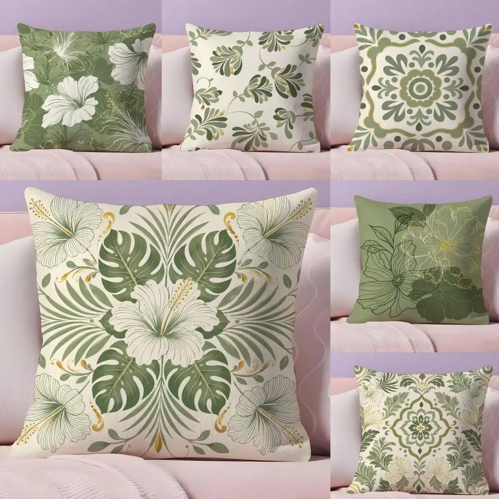 Sage Green Botanical Pattern Cushion Cover Pillow Case Plush Fabric Soft Double Sided Print Home Sofa High Quality Cushion
