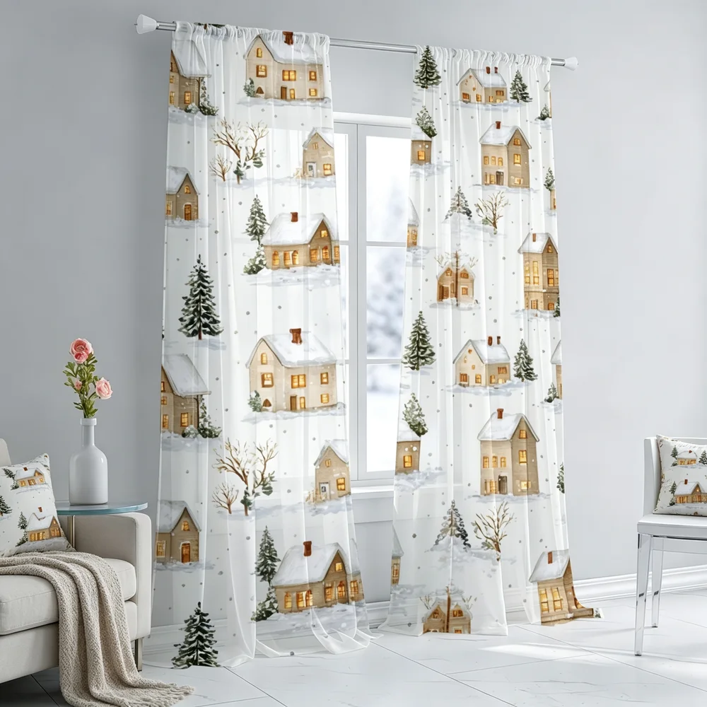 2PCS Sheer Curtains, Snowy Village House Lights Print, Bedroom Living Room Window Drapes, Rod Pocket Polyester, Home Decor