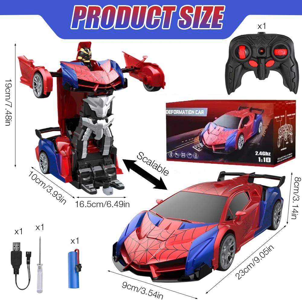 1:18 RC Transforming Car Robot Toy for Kids – 2.4GHz Remote Control Drift Racing Vehicle with LED Lights, Boys Rechargeable Gift