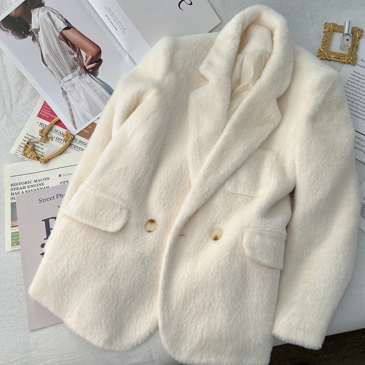 

New Solid Plush Suit Jacket Double Breasted Turn-Down Collar Elegant Women Blazers Autumn Winter Thick Warm Loose Female Coat