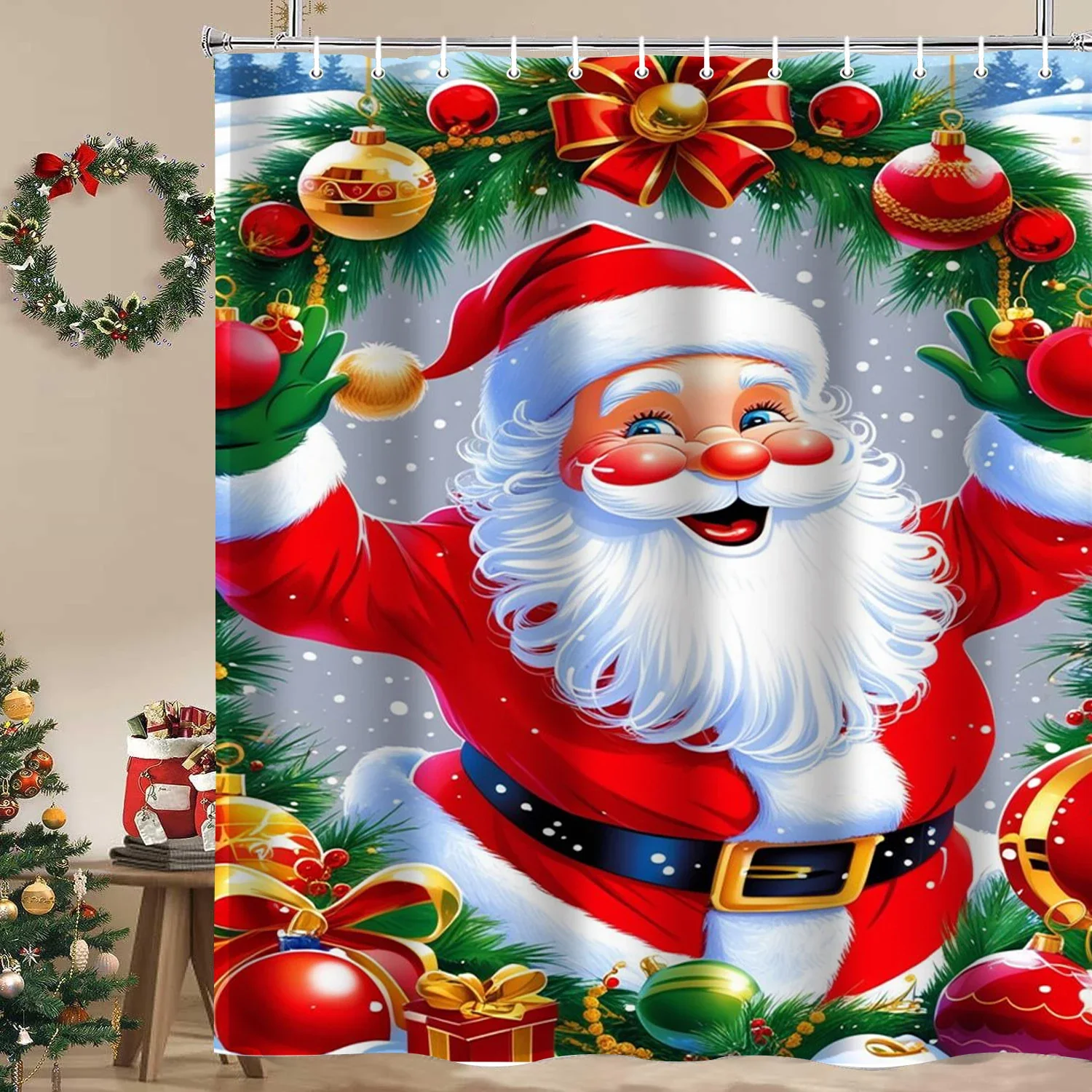 

Christmas Tree Santa Claus Print Bathing Curtain Bathroom Shower Curtain With 12 Hooks bathroom home decor and accessories