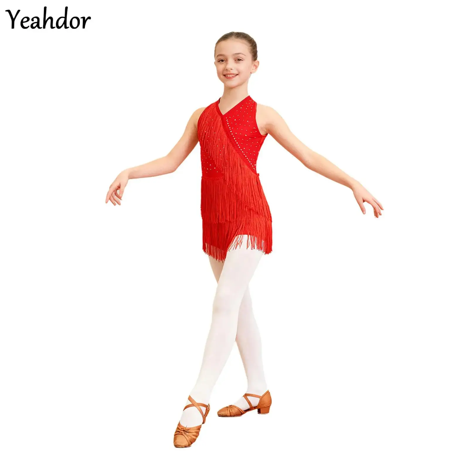

Kids Girls Latin Dance Leotard Dress Rhinestones Halter Sleeveless Skating Performance Fringe Tassel Cha-cha Samba Salsa Costume